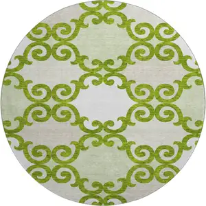 Photo of 8' Lime Green Ivory And Beige Trellis Washable Round Rug With UV Protection