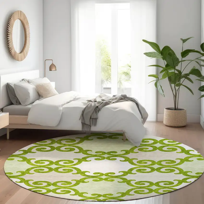 8' Lime Green Ivory And Beige Trellis Washable Round Rug With UV Protection Photo 5