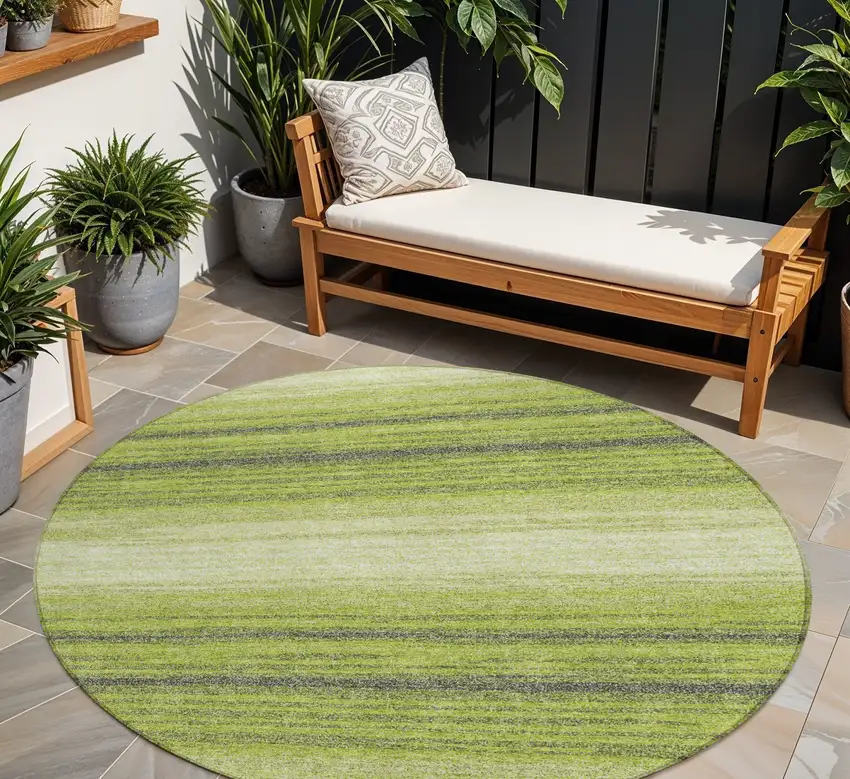 8' Lime Green Ivory And Black Round Striped Washable Indoor Outdoor Area Rug Photo 1