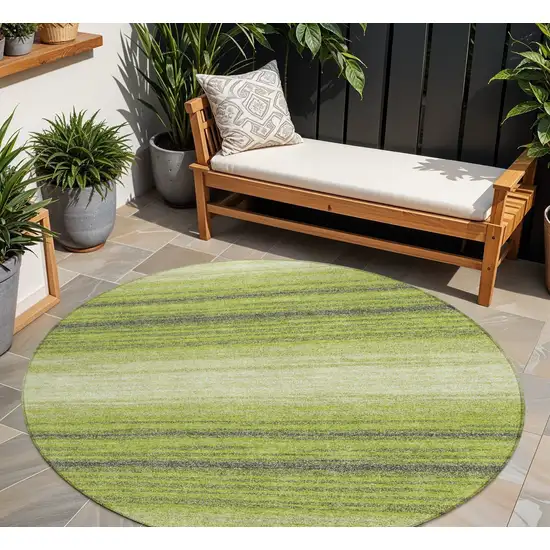 8' Lime Green Ivory And Black Round Striped Washable Indoor Outdoor Area Rug Photo 1
