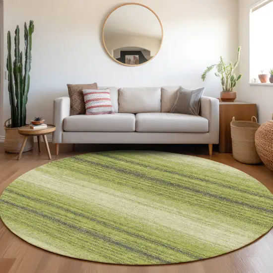 8' Lime Green Ivory And Black Round Striped Washable Indoor Outdoor Area Rug Photo 6