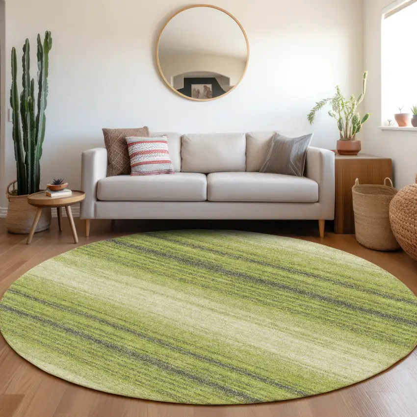 8' Lime Green Ivory And Black Round Striped Washable Indoor Outdoor Area Rug Photo 6