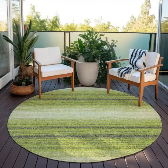 8' Lime Green Ivory And Black Round Striped Washable Indoor Outdoor Area Rug Photo 5