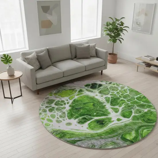8' Lime Green Ivory And Gray Abstract Washable Round Rug With UV Protection Photo 2