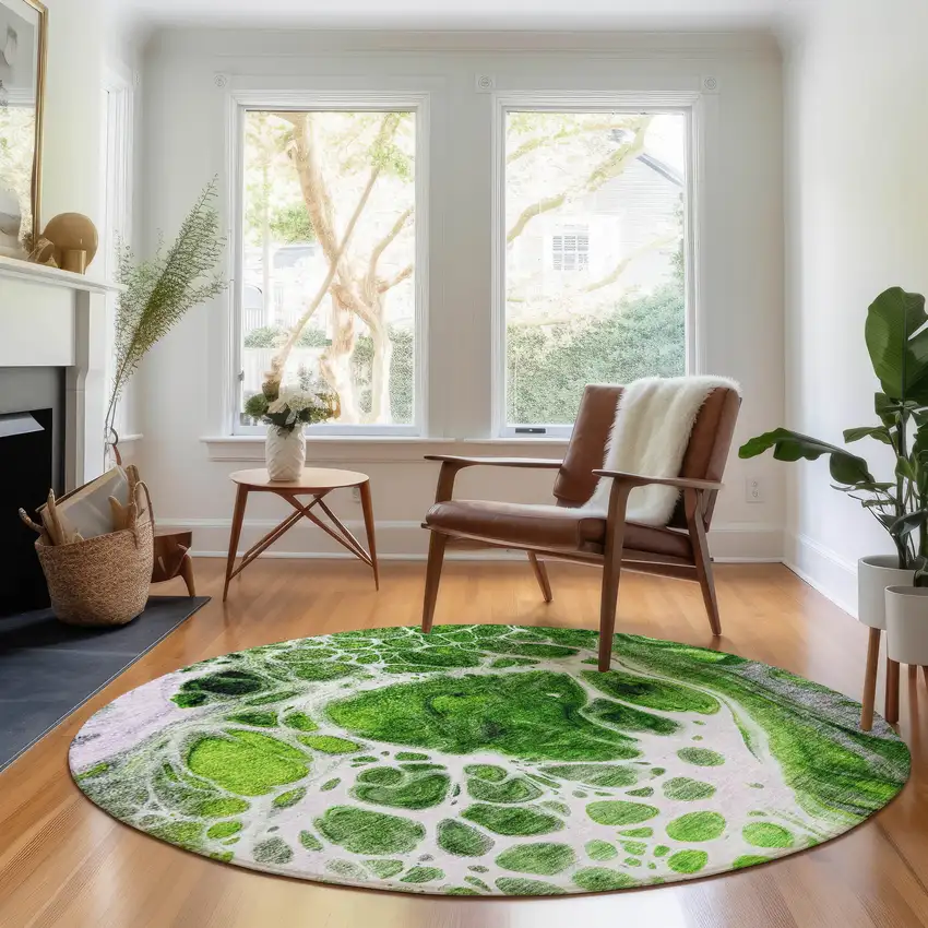 8' Lime Green Ivory And Gray Abstract Washable Round Rug With UV Protection Photo 5