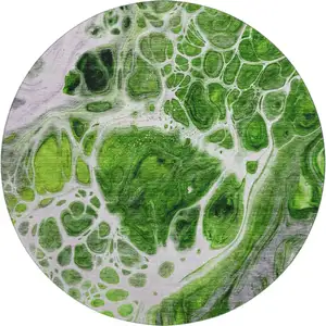 Photo of 8' Lime Green Ivory And Gray Abstract Washable Round Rug With UV Protection