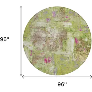 Photo of 8' Lime Green Ivory And Pink Round Abstract Washable Indoor Outdoor Area Rug