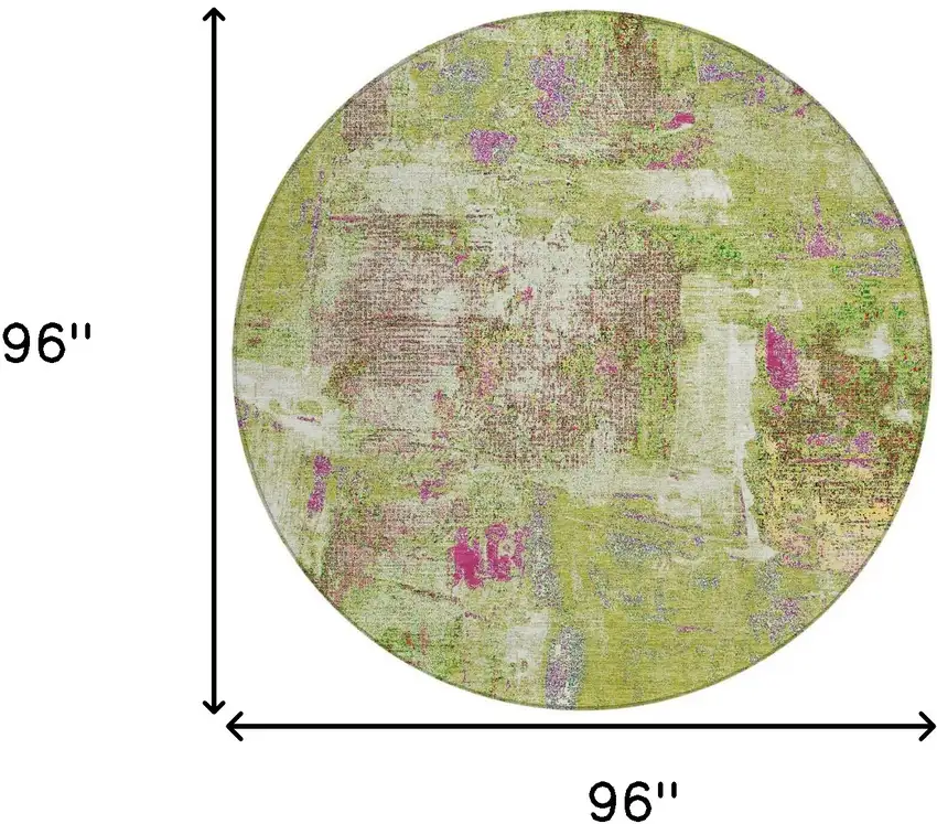 8' Lime Green Ivory And Pink Round Abstract Washable Indoor Outdoor Area Rug Photo 3