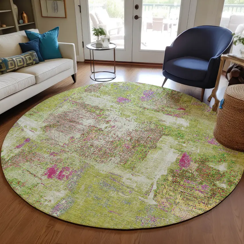 8' Lime Green Ivory And Pink Round Abstract Washable Indoor Outdoor Area Rug Photo 8