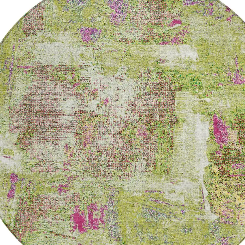 8' Lime Green Ivory And Pink Round Abstract Washable Indoor Outdoor Area Rug Photo 5