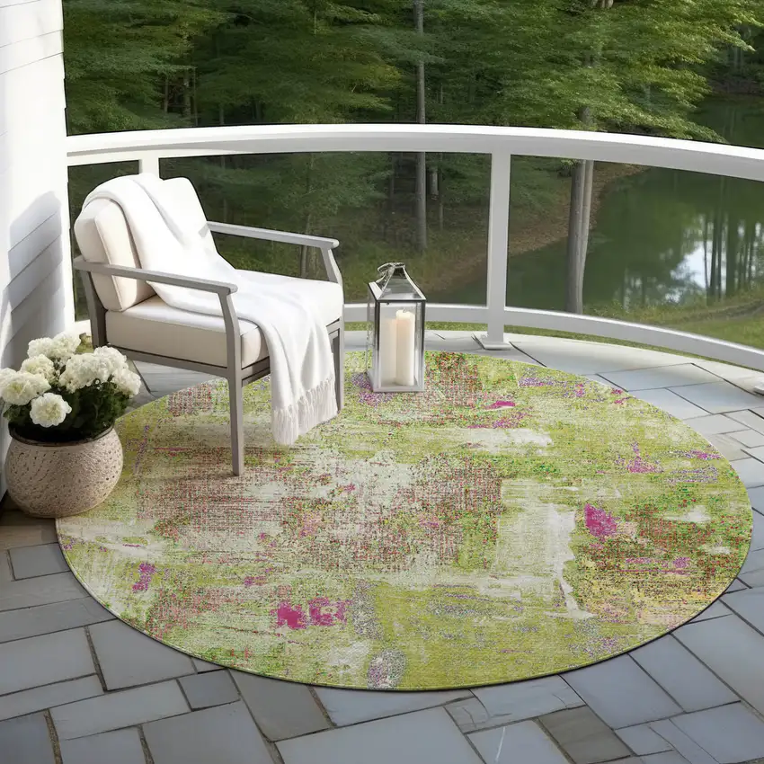 8' Lime Green Ivory And Pink Round Abstract Washable Indoor Outdoor Area Rug Photo 7