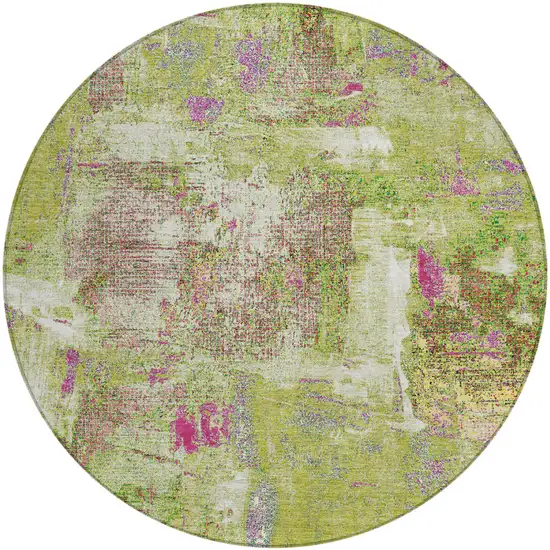 8' Lime Green Ivory And Pink Round Abstract Washable Indoor Outdoor Area Rug Photo 2