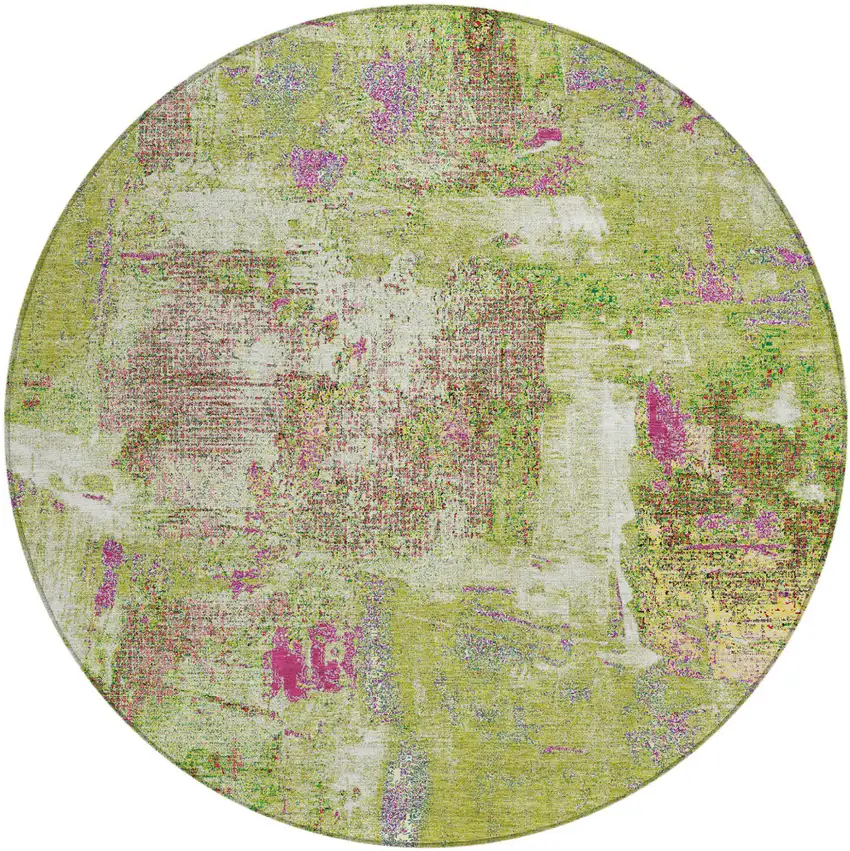 8' Lime Green Ivory And Pink Round Abstract Washable Indoor Outdoor Area Rug Photo 2