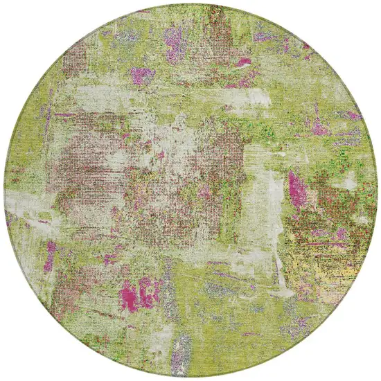 8' Lime Green Ivory And Pink Round Abstract Washable Indoor Outdoor Area Rug Photo 6