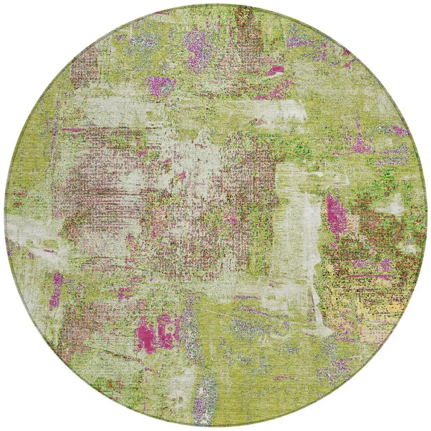 8' Lime Green Ivory And Pink Round Abstract Washable Indoor Outdoor Area Rug Photo 6