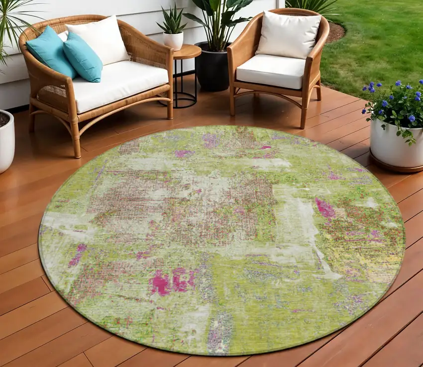 8' Lime Green Ivory And Pink Round Abstract Washable Indoor Outdoor Area Rug Photo 1