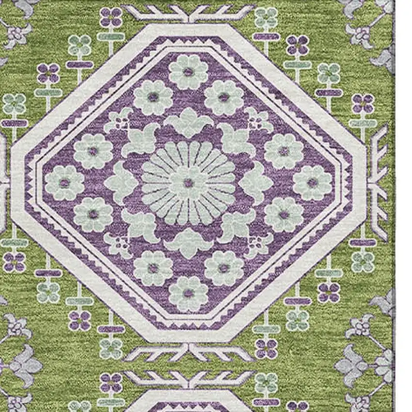 8' Lime Green Ivory And Purple Floral Washable Area Rug With UV Protection Photo 3