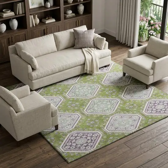 8' Lime Green Ivory And Purple Floral Washable Area Rug With UV Protection Photo 1