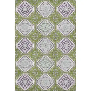 Photo of 8' Lime Green Ivory And Purple Floral Washable Area Rug With UV Protection