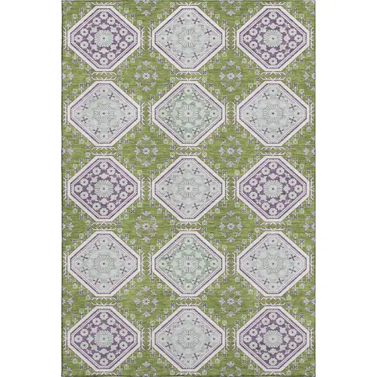8' Lime Green Ivory And Purple Floral Washable Area Rug With UV Protection Photo 1
