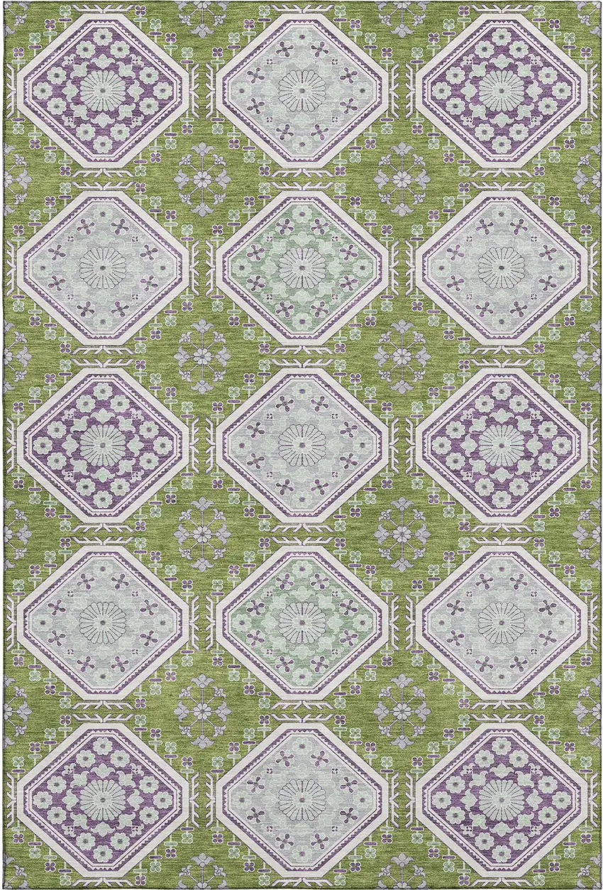 8' Lime Green Ivory And Purple Floral Washable Area Rug With UV Protection Photo 1