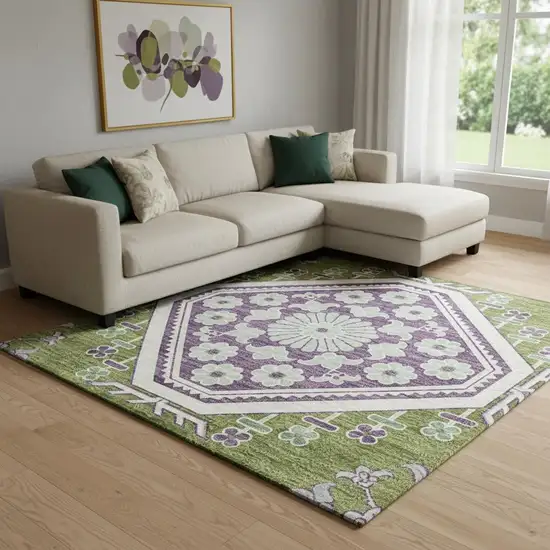 8' Lime Green Ivory And Purple Floral Washable Area Rug With UV Protection Photo 2