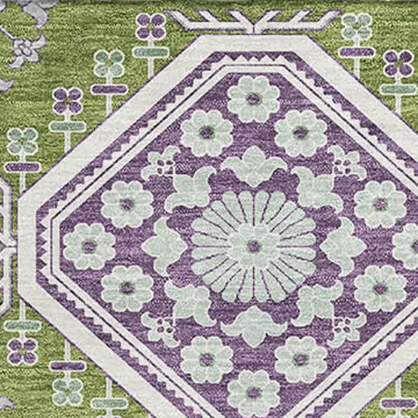 8' Lime Green Ivory And Purple Floral Washable Area Rug With UV Protection Photo 2