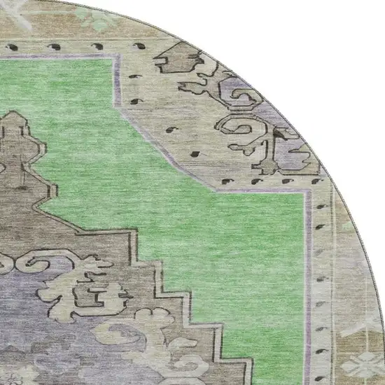 8' Lime Green Lavender And Brown Oriental Washable Round Rug With UV Protection Photo 3