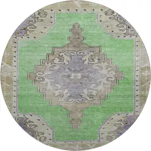 Photo of 8' Lime Green Lavender And Brown Oriental Washable Round Rug With UV Protection