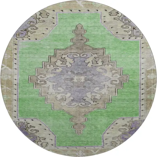 8' Lime Green Lavender And Brown Oriental Washable Round Rug With UV Protection Photo 1