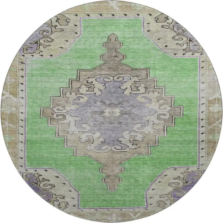 8' Lime Green Lavender And Brown Oriental Washable Round Rug With UV Protection Photo 1
