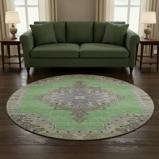 8' Lime Green Lavender And Brown Oriental Washable Round Rug With UV Protection Photo 2