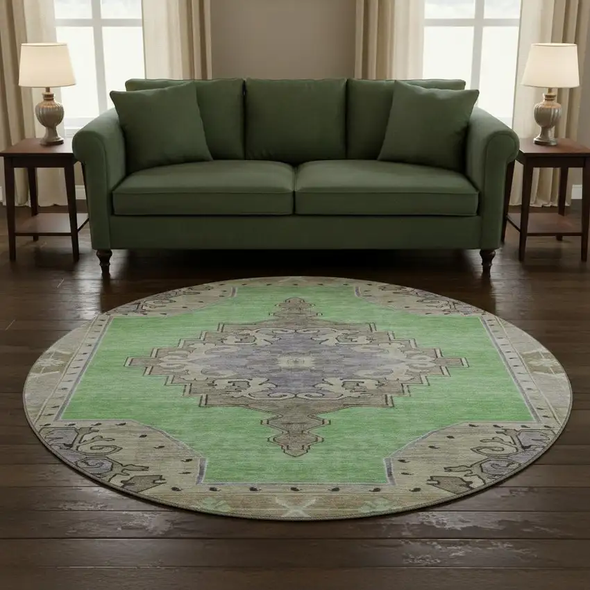 8' Lime Green Lavender And Brown Oriental Washable Round Rug With UV Protection Photo 2