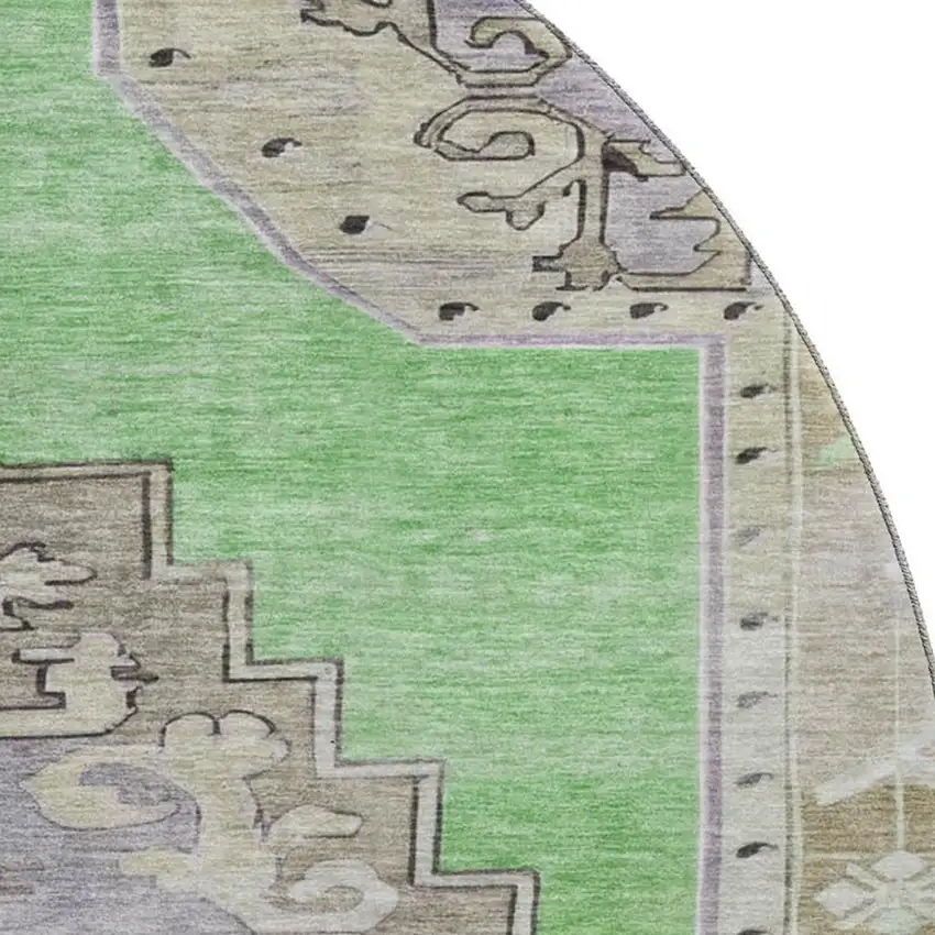 8' Lime Green Lavender And Brown Oriental Washable Round Rug With UV Protection Photo 2
