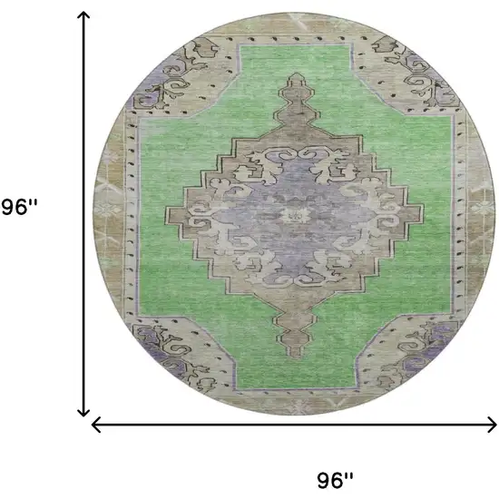 8' Lime Green Lavender And Brown Oriental Washable Round Rug With UV Protection Photo 9