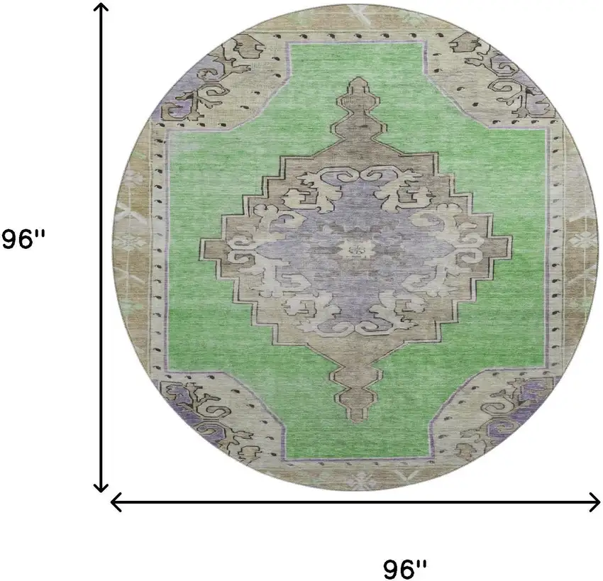 8' Lime Green Lavender And Brown Oriental Washable Round Rug With UV Protection Photo 9