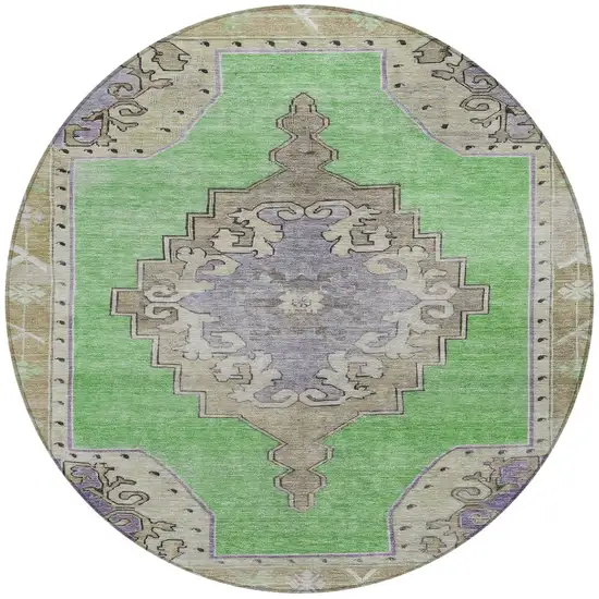 8' Lime Green Lavender And Brown Round Geometric Washable Indoor Outdoor Area Rug Photo 6