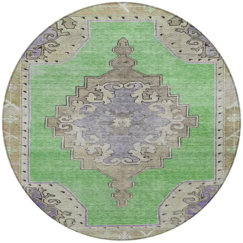 8' Lime Green Lavender And Brown Round Geometric Washable Indoor Outdoor Area Rug Photo 6