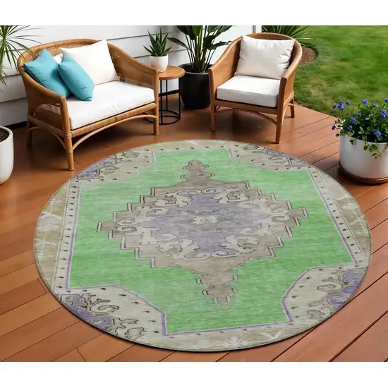 8' Lime Green Lavender And Brown Round Geometric Washable Indoor Outdoor Area Rug Photo 3