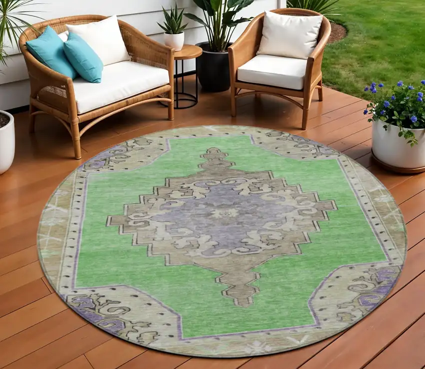 8' Lime Green Lavender And Brown Round Geometric Washable Indoor Outdoor Area Rug Photo 3