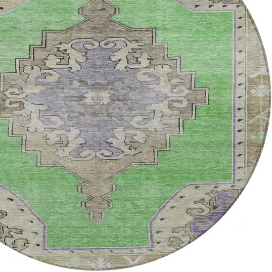 8' Lime Green Lavender And Brown Round Geometric Washable Indoor Outdoor Area Rug Photo 5