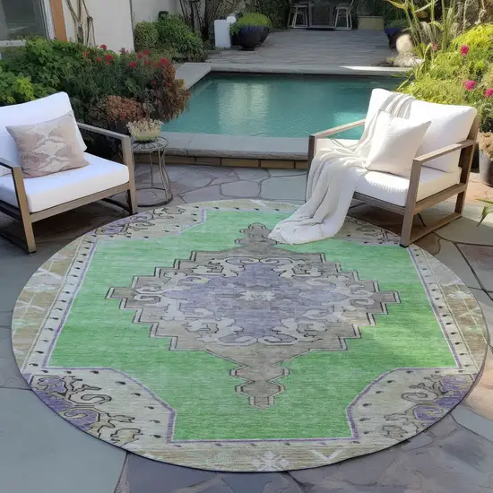8' Lime Green Lavender And Brown Round Geometric Washable Indoor Outdoor Area Rug Photo 8