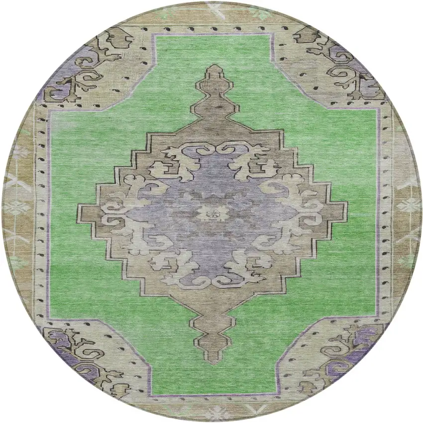 8' Lime Green Lavender And Brown Round Geometric Washable Indoor Outdoor Area Rug Photo 1