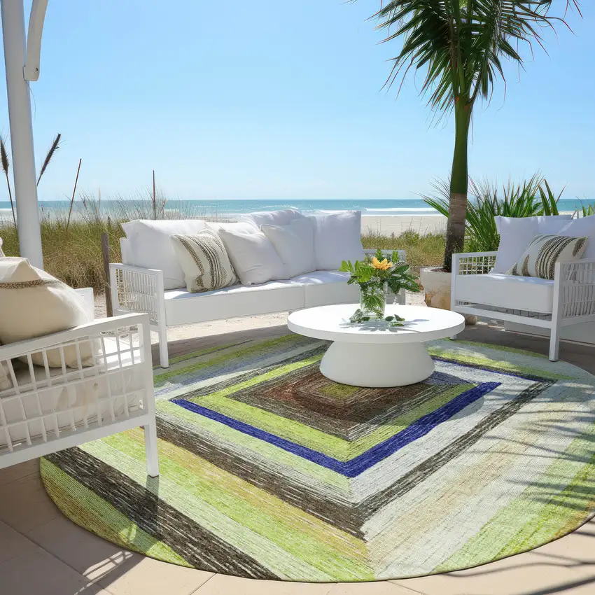 8' Lime Green Navy Blue And Brown Round Geometric Washable Indoor Outdoor Area Rug Photo 6