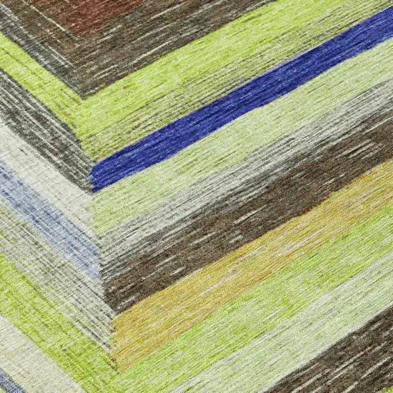 8' Lime Green Navy Blue And Brown Round Geometric Washable Indoor Outdoor Area Rug Photo 9