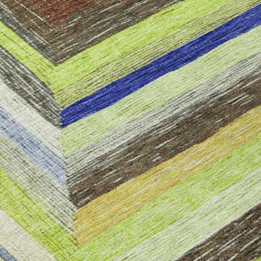 8' Lime Green Navy Blue And Brown Round Geometric Washable Indoor Outdoor Area Rug Photo 9