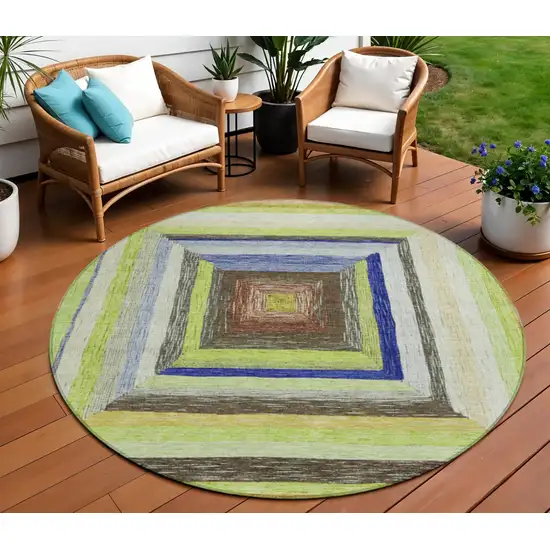 8' Lime Green Navy Blue And Brown Round Geometric Washable Indoor Outdoor Area Rug Photo 2