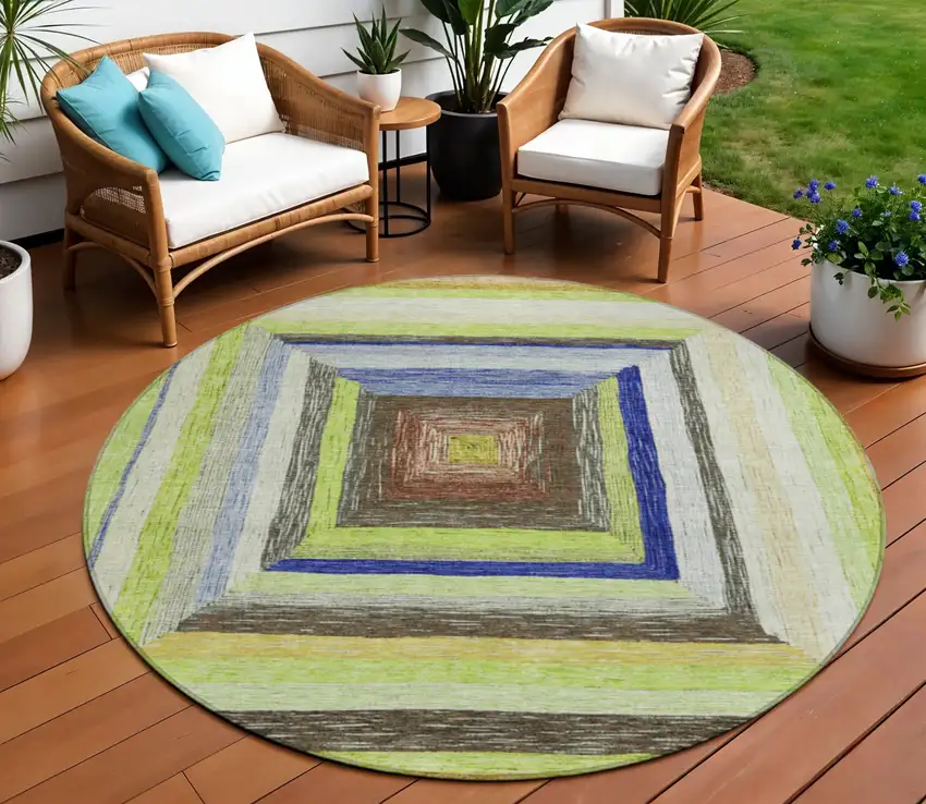 8' Lime Green Navy Blue And Brown Round Geometric Washable Indoor Outdoor Area Rug Photo 2