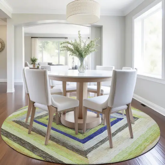 8' Lime Green Navy Blue And Brown Round Geometric Washable Indoor Outdoor Area Rug Photo 7