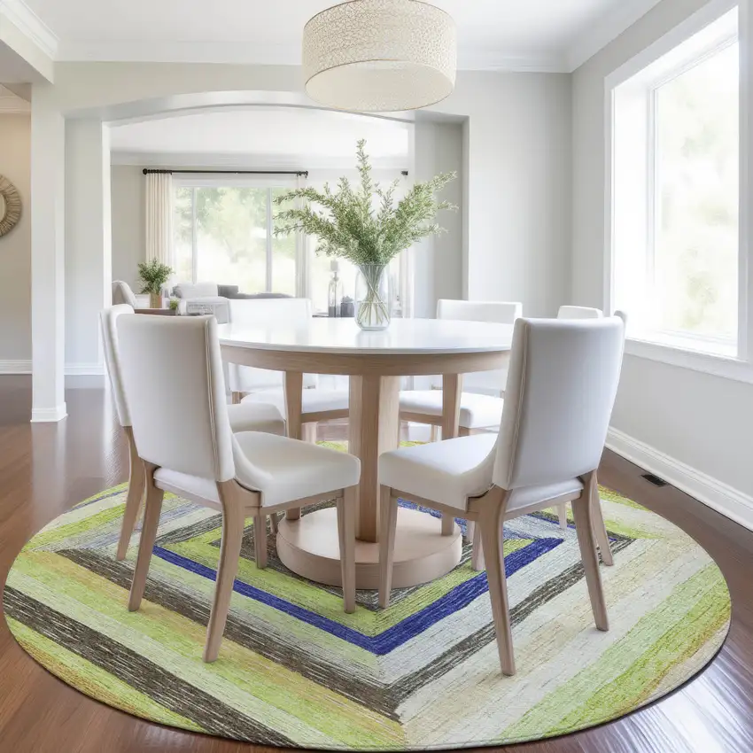 8' Lime Green Navy Blue And Brown Round Geometric Washable Indoor Outdoor Area Rug Photo 7